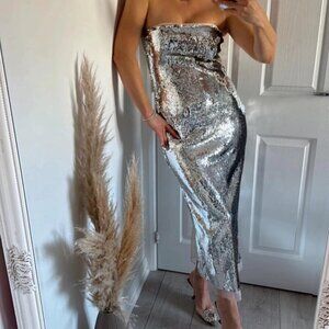 Zara Sequin Festive Strapless Midi Dress Organza Silver Metallic Size Small